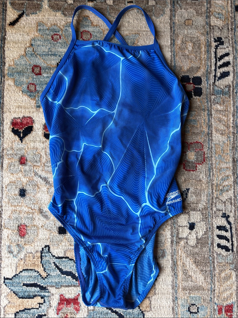 Speedo Endurance Blue Static Boom Cross  One-Piece Swimsuit Sz 34